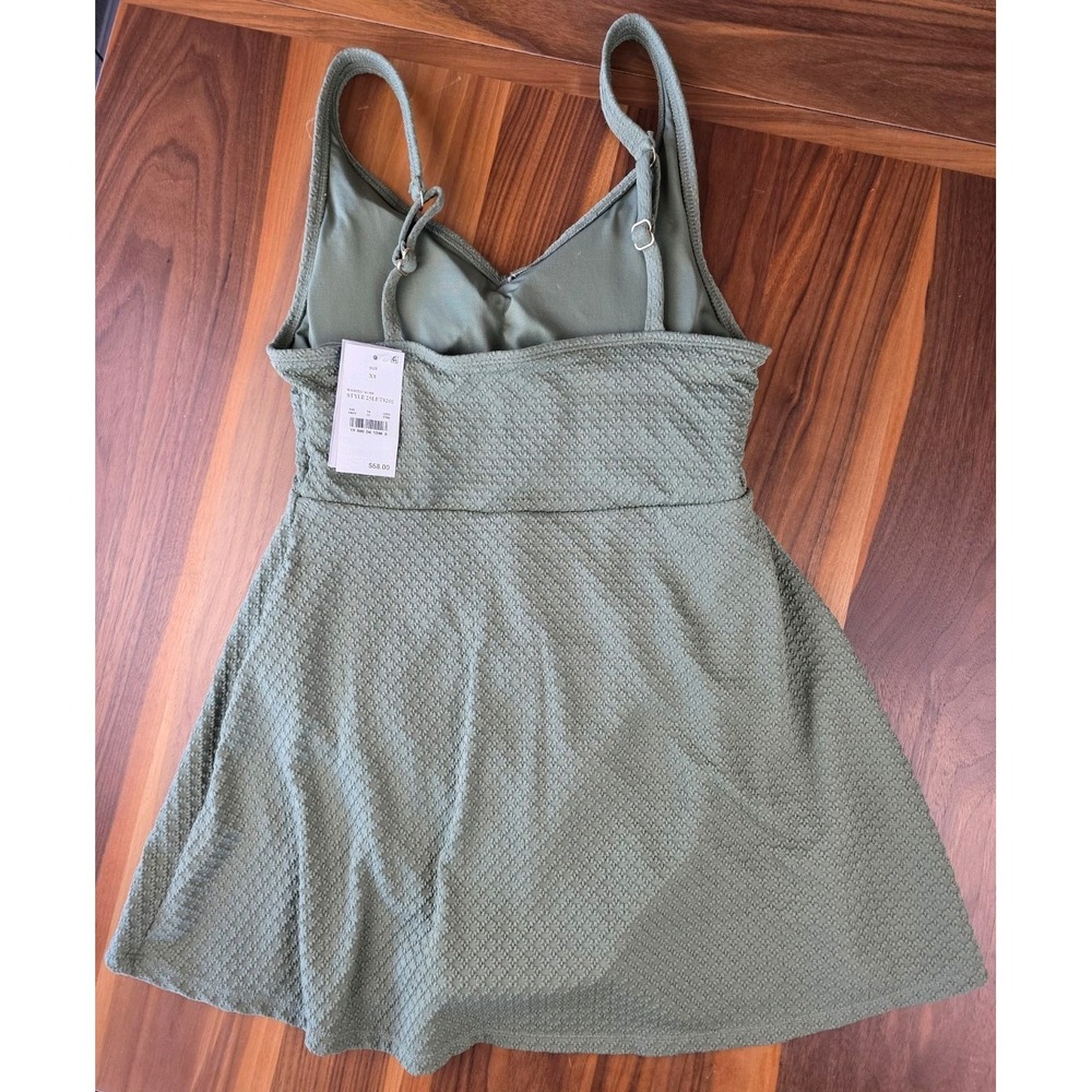 Lands' End Women's V-Neck Textured Shirred Swimdress XS Olive Green (267) - Picture 2 of 6